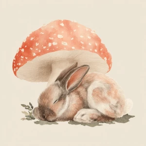 Cute fluffy rabbit sleeping under a large spotted mushroom, soft...