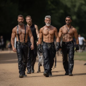 Four bodybuilder muscle, bearded, men walking in the park with l...