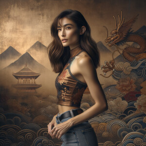 Athletic Thin skinny Attractive, Asian teenage girl, long brown hair and bangs, wearing tight skinny jeans and a halter top paint marks on her clothing, heroic pose Asian graffiti background, side view