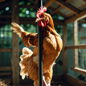 An anthropomorphic hen performing a pole dance inside a coop, mi...
