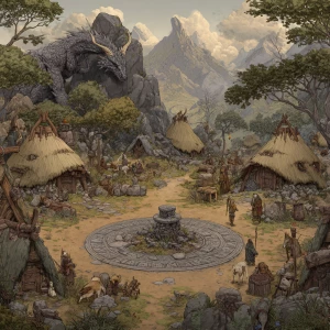 Ancient Essosi lowland village in the shadow of a distant volcan...