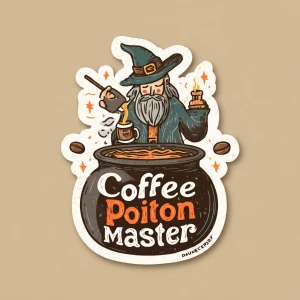 Create a sticker for A wizard-like figure brewing coffee in a ca...