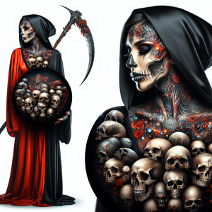 A reaper lady with a tattooed face and body. Skin with jewels an...