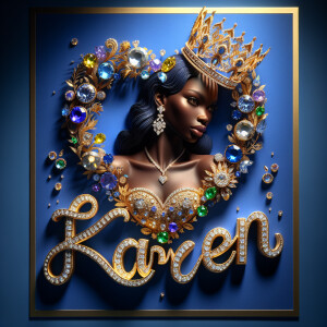 Craft a 3-D image showcasing the name 'KAREN' in a luxurious gol...