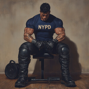 The image shows a muscular man seated on a weight bench, wearing...