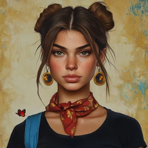 girl with brown hair, thick eyebrows, pumped up lips, potato nos...