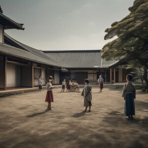Wide view of the orphanage yard. Children are playing together w...