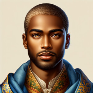 Create handsome African-American, Jesus, with Hazel Brown eyes wearing a blue and gold robe