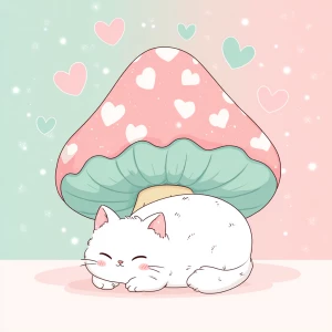 cute chubby white cat sleeping under a pastel pink mushroom with...