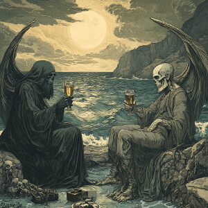 The Reaper and Lucifer having a drink of scotch on the rocks in...
