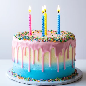 A vibrant, festive birthday cake with three lit candles on top. The cake is a two-layered sponge with colorful frosting—pastel pink on the top layer and sky blue on the bottom. The frosting drips slightly over the edges for a delicious effect. Bright, multicolored sprinkles are scattered over the top. The three candles are evenly spaced, each with a different color—red, yellow, and blue—with soft glowing flames. The background is white