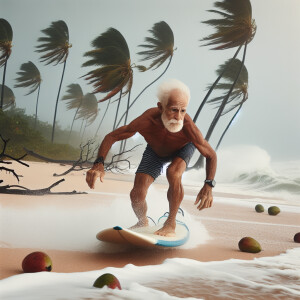 Water ocean sand coconut and mangos with old man surfing on the...