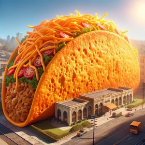 Create an image of a giant taco with a bright orange shell.