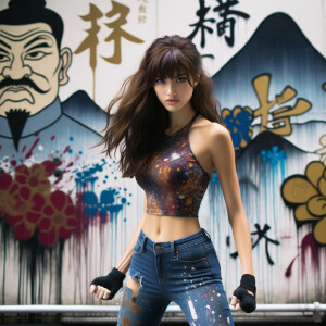 Athletic Thin skinny Attractive, Asian teenage girl, long brown hair and bangs, wearing tight skinny jeans and a halter top paint marks on her clothing, heroic pose Asian graffiti background