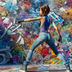 Athletic Thin skinny Attractive, Asian teenage girl, long brown hair and bangs, wearing tight skinny jeans and a halter top paint marks on her clothing, heroic pose Asian graffiti background, backside view