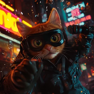 A wide-eyed ginger cat wearing a black tactical balaclava (or ma...