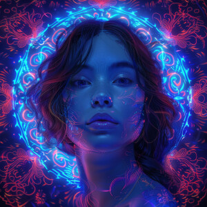 A straight-on, eye-level realistic digital portrait of a woman a...