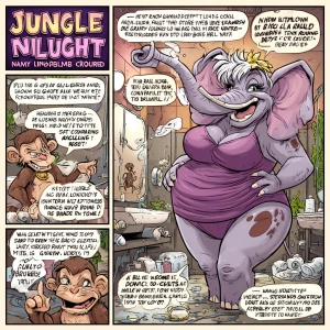 "A cheeky, cartoon-style anthropomorphic female elephant with cu...