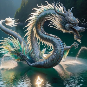 "In the heart of a tranquil lake, a magnificent water dragon eme...
