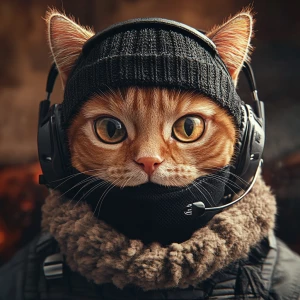 A wide-eyed ginger cat wearing a black tactical balaclava (or ma...