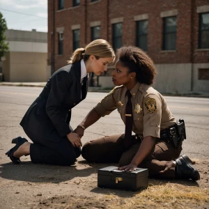A woman in a formal business suit assists an injured deputy sher...