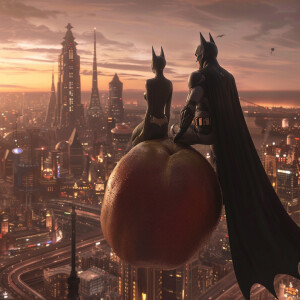 Create a hyper-realistic scene featuring a peach floating in fro...