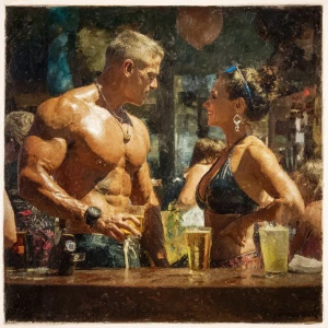 Photo Hyperrealism, painting,a muscular sweaty beefy criminal so...