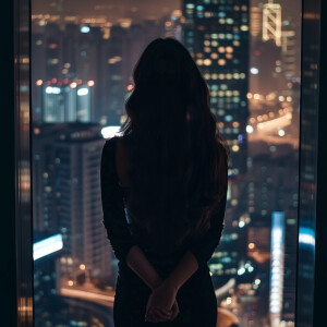 Fair-skinned woman with dark long hair, elegant and composed, st...