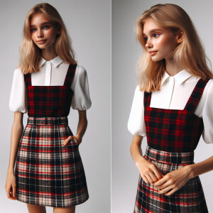 Photo of petite young woman wearing short plaid skirt and white...
