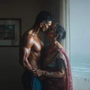 Hyperrealism painting.a muscular sweaty indian  man  standing in...