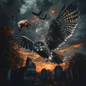 Great Grey Owl in flight over a cemetery at night, its expansive...