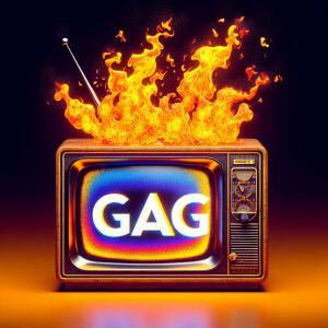 Tube TV with the word “GAG” on the screen on fire cartoon logo