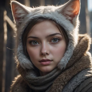 девушка стоит на фоне  рядом с ней стоит напуганный кот который...