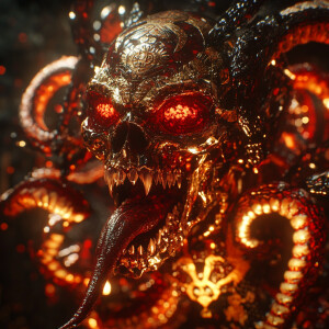 Alien zombie with fangs. Face made of skull rubies, tongue is li...