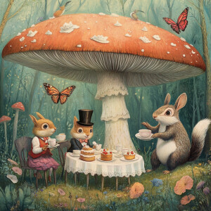 A whimsical illustration of a tea party taking place amongst gia...