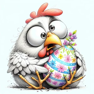 Chicken hugging an Easter egg, having her head cocked sideways l...