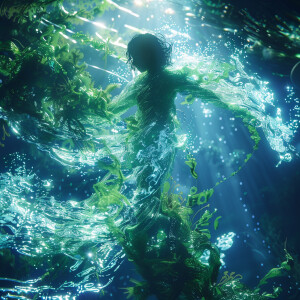 Create a vivid animation showcasing sea moss underwater, glowing...