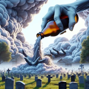 A ghostly hand materializes from the billowing clouds overhead,...