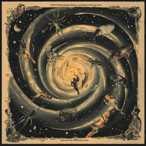"Extraterrestrial beings tumbling through a swirling vortex repr...