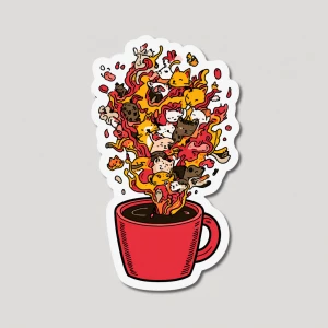 die-cut sticker design of a coffee cup, overflowing with a chaot...