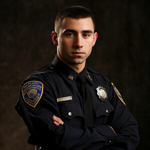 Generate an image of Patrolman Michael Angelucci, a Caucasian ma...