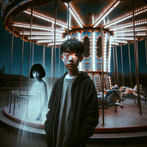 Night. An abandoned playground. There is a boy standing next to...