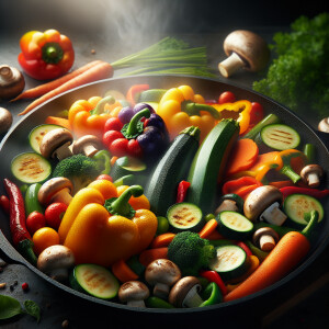 Crunchy vegetables on the pan ultra realistic, 2k, UltraHD