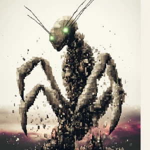 A 16-bit pixel art portrait of a bizarre alien hybrid—a towering...