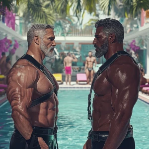 Ethereal Men's Pool Party - Concept: A lively scene set at a vib...