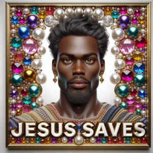 "Create a 3D realistic artwork featuring the phrase 'Jesus Saves...