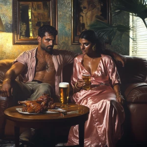 Photorealism,fantasy,a muscular criminal man sitting drinking...