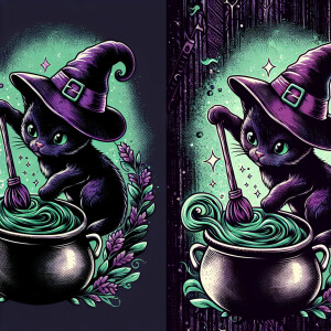 A small black cat wearing a witches purple and black hat stirrin...