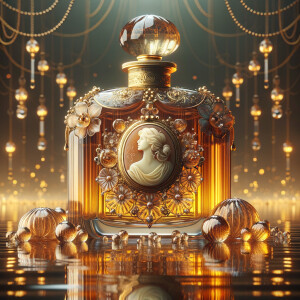 Craft an intricate digital artwork featuring an elegant perfume...