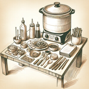 A dining table that has a food warmer on top and a Sauces contai...